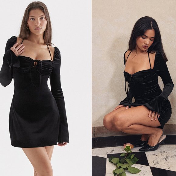 HOUSE OF CB 'Babydoll' Black Velvet Halter Mini Dress NWOT - Picture 1 of 9